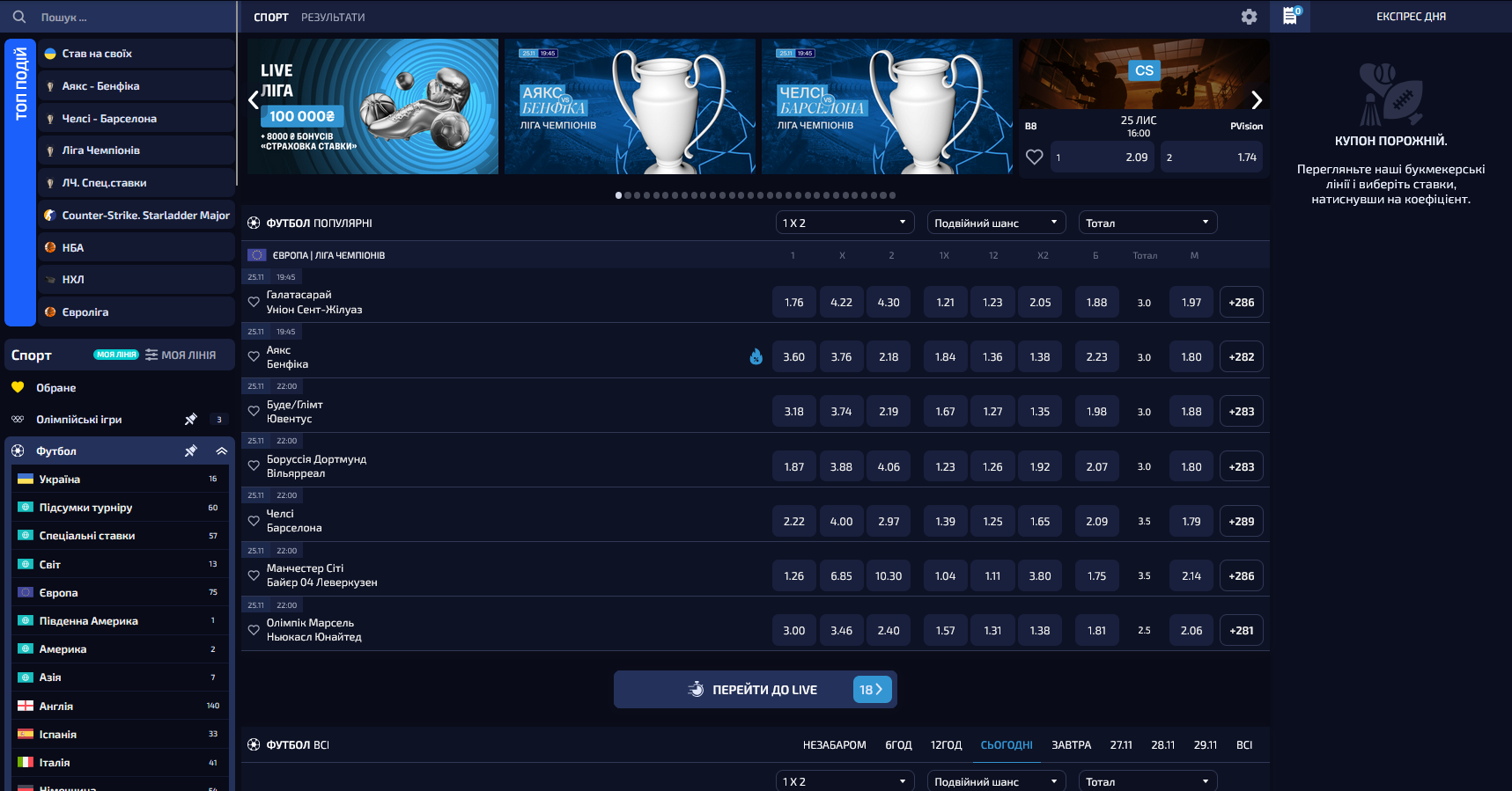 Сторінка спортивної лінії Allwin UA з подіями та ринками